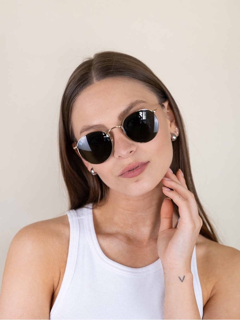 Ray-Ban 3447 Round Atrista Polished Gold Sunglasses with Green Lenses